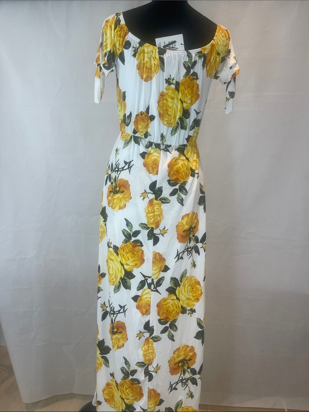 Vibe White Maxi Dress with Yellow Rose Print and Tie Sleeves - Picture 10 of 13